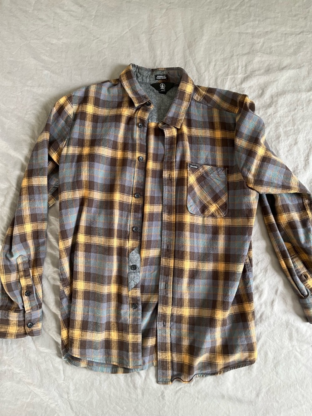 Volcom Brown Yellow Blue Plaid Button-Down Shirt - Picture 2 of 3